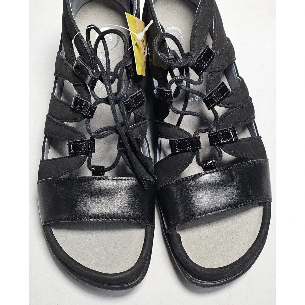 NAOT SELO Black Leather Lace Up Gladiator Wedge‎ Sandals Women's 36 EU 6 US NIB